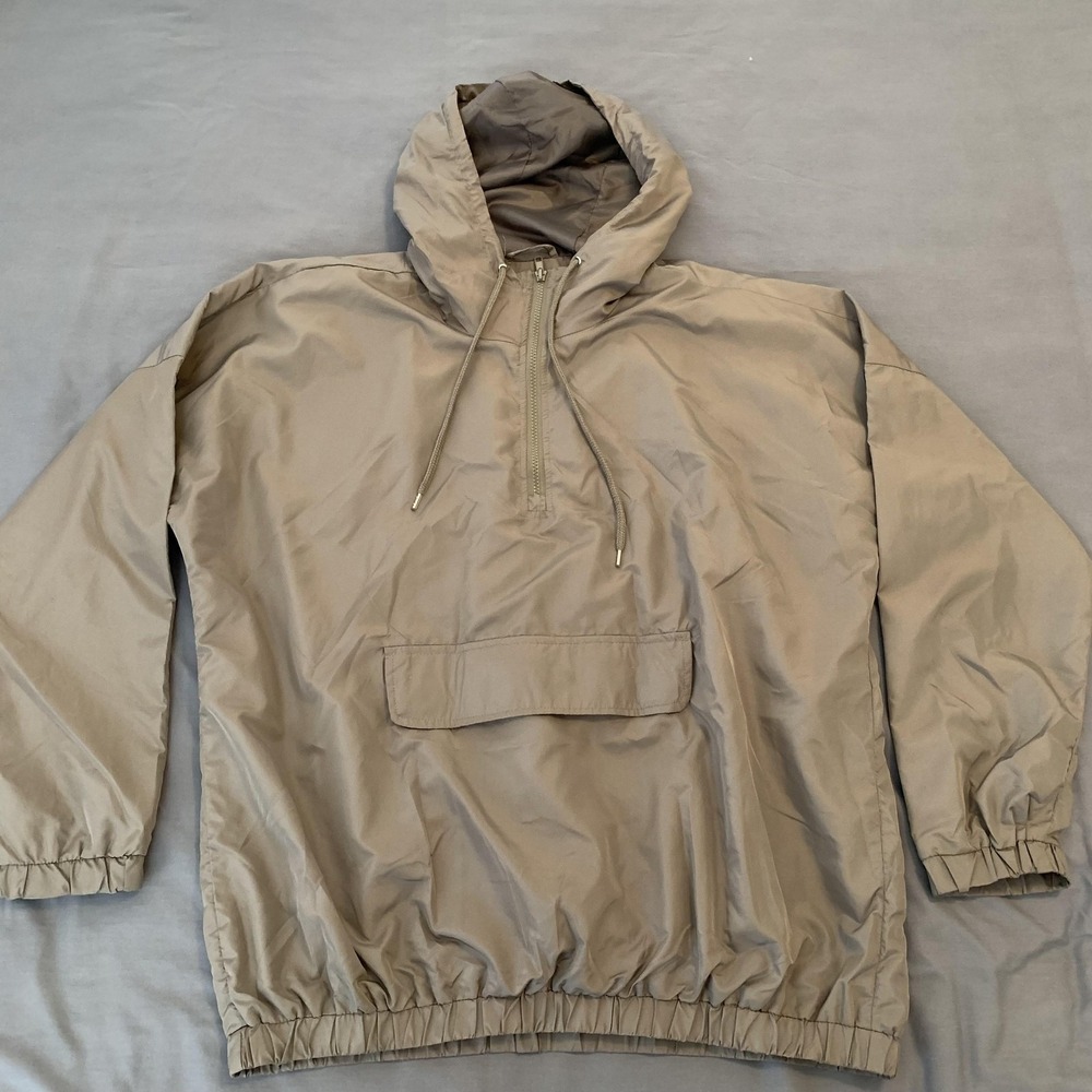 Carbon Jacket Mens Medium Beige Hooded Anorak 1/4‎ Zip Stacks Logo Windbreaker